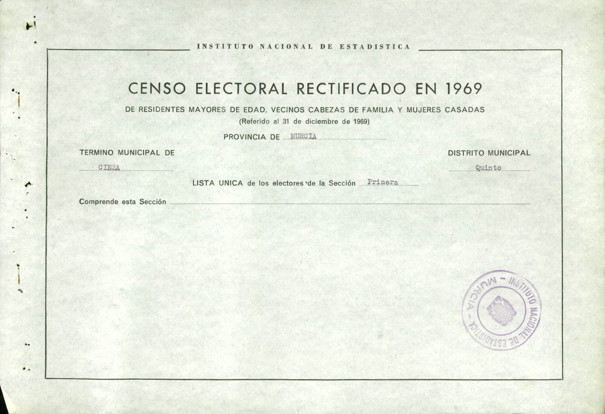 Censo electoral rectificado en 1969: listas definitivas de Cieza, Distrito 5º, sección 1ª.